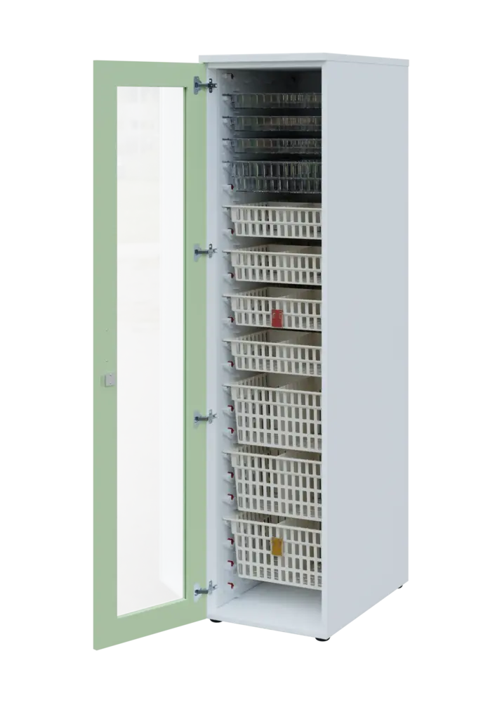 EUROMEDICA S - 46 skříň léková boxová, 1-dveřová/prosklená, levá, 1950x460x735, korpus bílý, dvířka šedo-zelinkavá